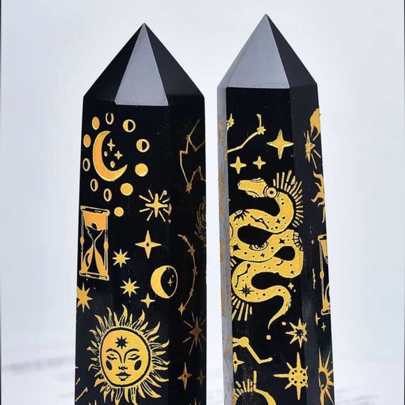 New Natural Obsidian Carved Artisan Sun 24k Gold Tower Point Crystal Decoration - Picture 6 of 16